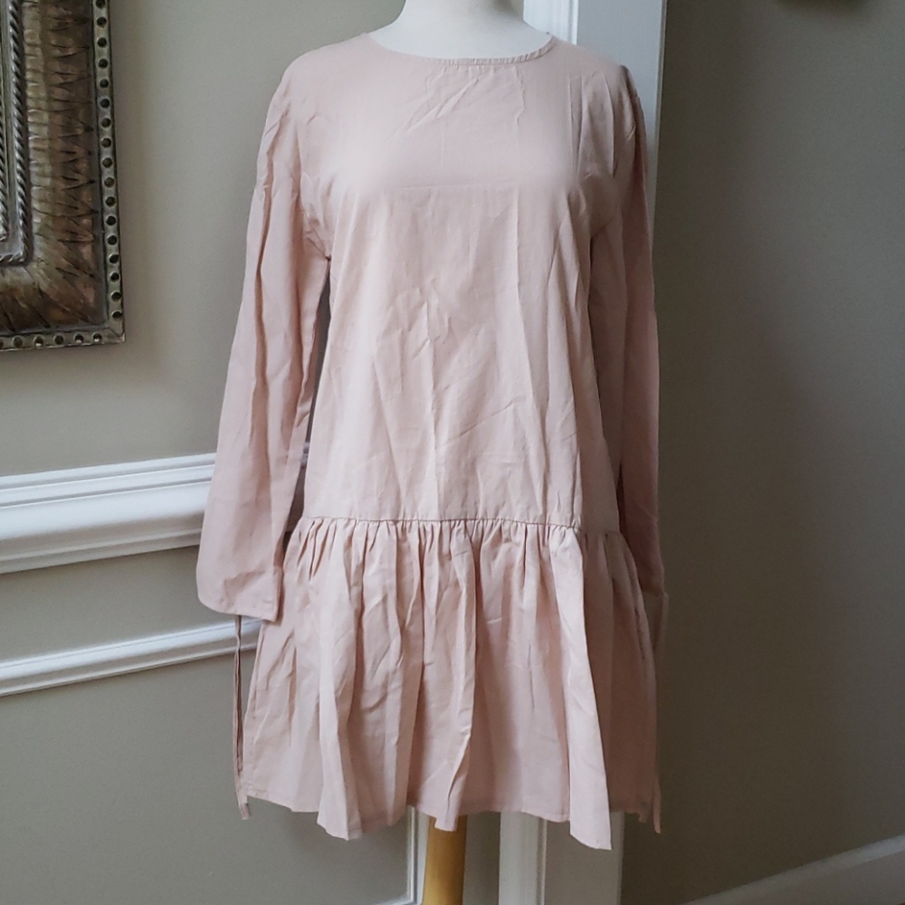 Tan Button Long Sleeve Drop-Waist Dress Size M